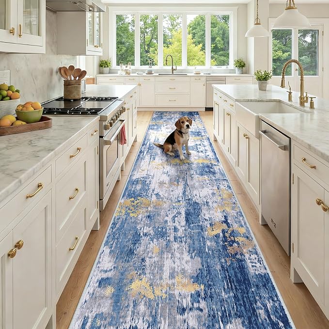 RELEANY Washable Area Rugs 3x12 Non-Slip Modern Abstract Soft for Living Room Entryway Bedroom Nursery, Print Pattern, Grey Blue Gold/Golden