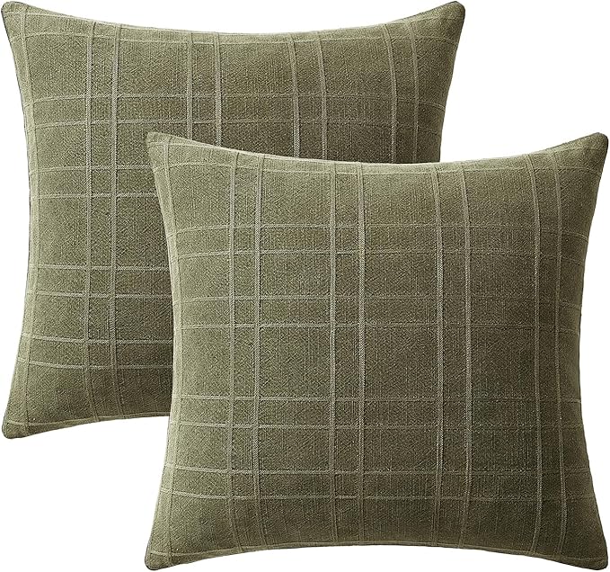 MIULEE Decorative Linen Check Euro Shams Throw Pillow Covers Neutral Farmhouse Vintage Spring Pillow Covers 24x24 Set of 2 Boho Modern Home Decor for Sofa Couch Bedroom Cushion Sage Green