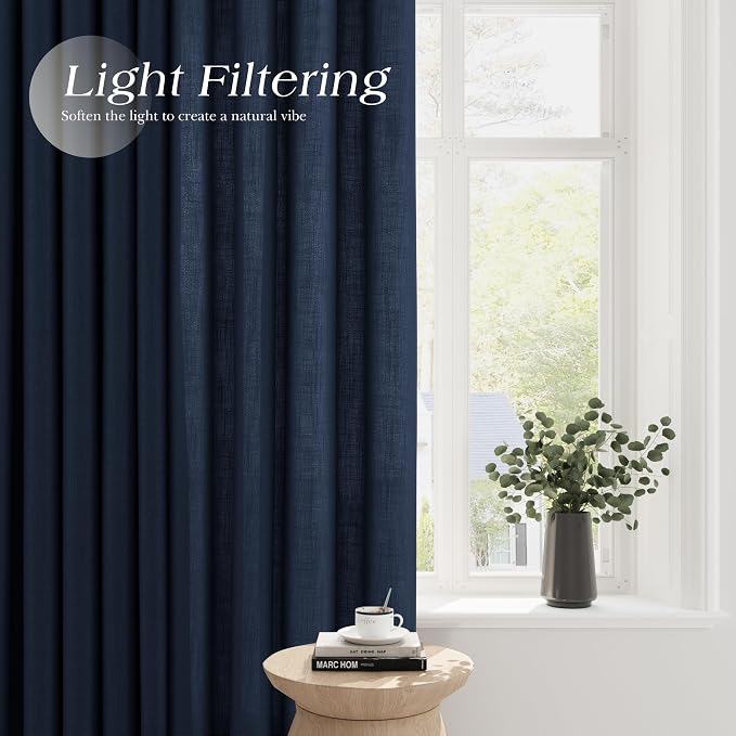 Nanspring Navy Blue Linen Curtains 96 Inches Long for Living Room 2 Panel Set Grommet Light Filtering Semi Sheer Curtain Modern Country Farmhouse Decor Window Drapes for Bedroom Home Office 52x96