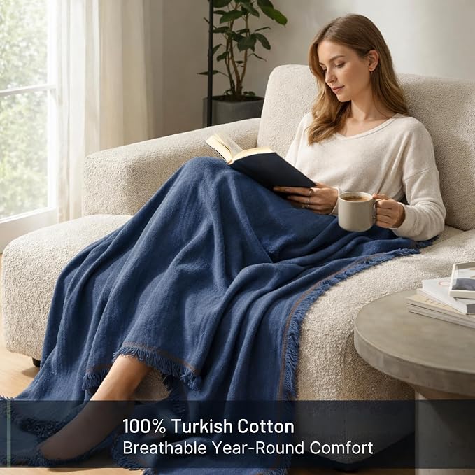 Odin Waffle Throw Blanket with Tassels, 50x66 Inch, 100% Turkish Cotton, Oeko-TEX Certified, Breathable Lightweight Throw for Couch, Sofa & Bed, Made in Turkey, Denim