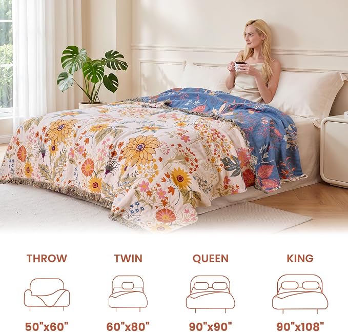 MSGKV Boho Throw Blanket for Bed 60"x80" Cotton Floral Twin Size Blanket Lightweight Farmhouse Muslin Summer Breathable Couch Blankets Home Decor All Seasons