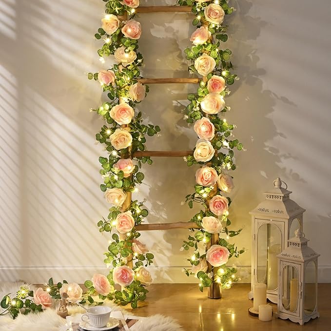 Dolicer 2Pcs Artificial Eucalyptus Garlands with Flowers - 8 Roses, Faux Floral Greenery Garlands Fake Flower Vines for Wedding Table Centerpieces Arch Party Decor (Pink)