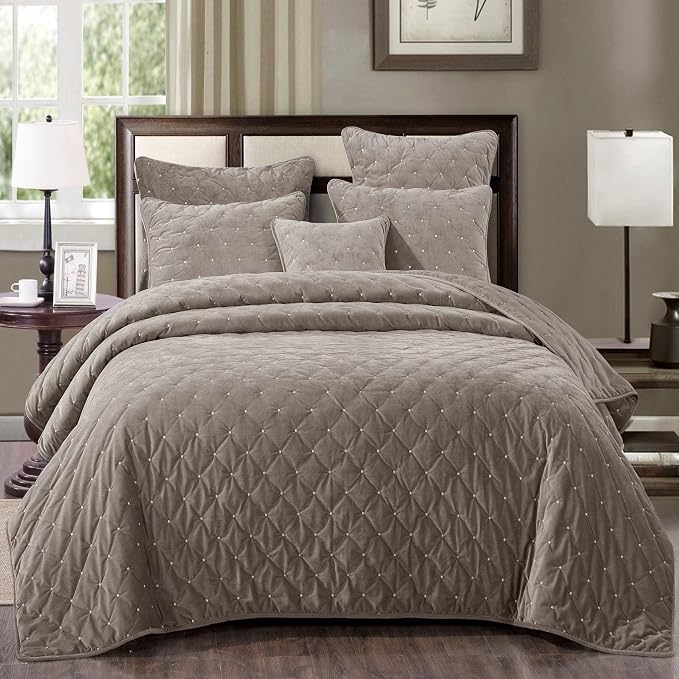 Tache Velvet Dreams Luxurious Velveteen Velour Super Soft Plush Warm Cozy Diamond Tufted Polka Dot Quilted Coverlet Tan Beige Neutral Bedspread Set, Full