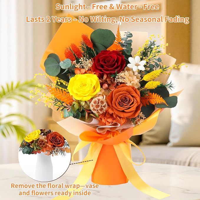 Preserved Flowers Bouquet, Real Eternal Flowers, Gifts For Women, Birthday Gifts For Mom Friends Her Girlfriend Sister, Valentine (orange)