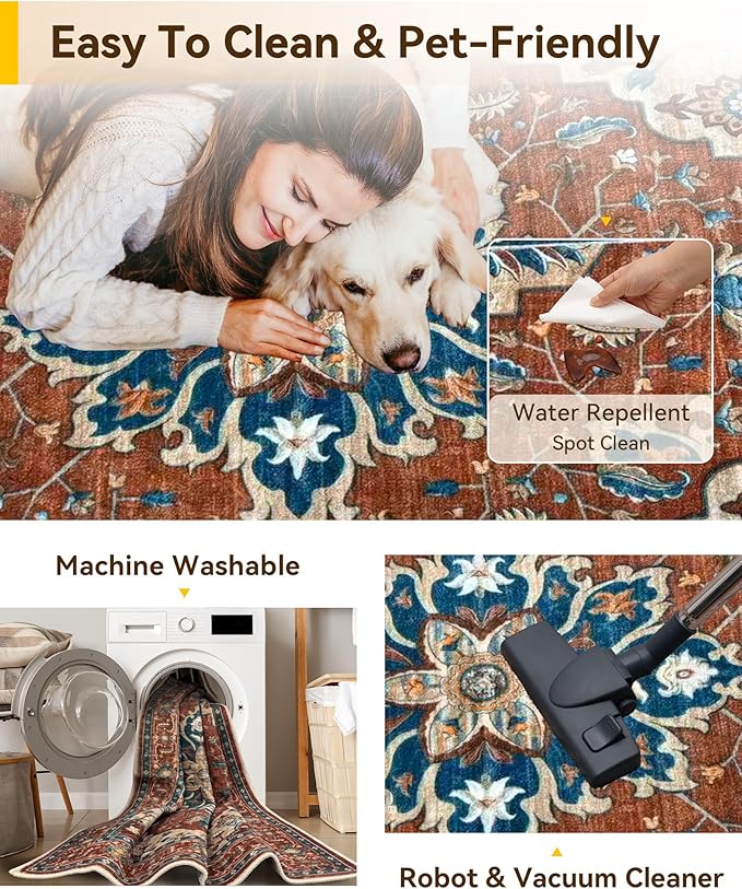 RELEANY Area Rugs 8'x10' Washable Non-Slip, Floral Vintage Distress Print Pattern Medallion Carpet for Living Room Bedroom Dining Room, Red Orange Blue Brown