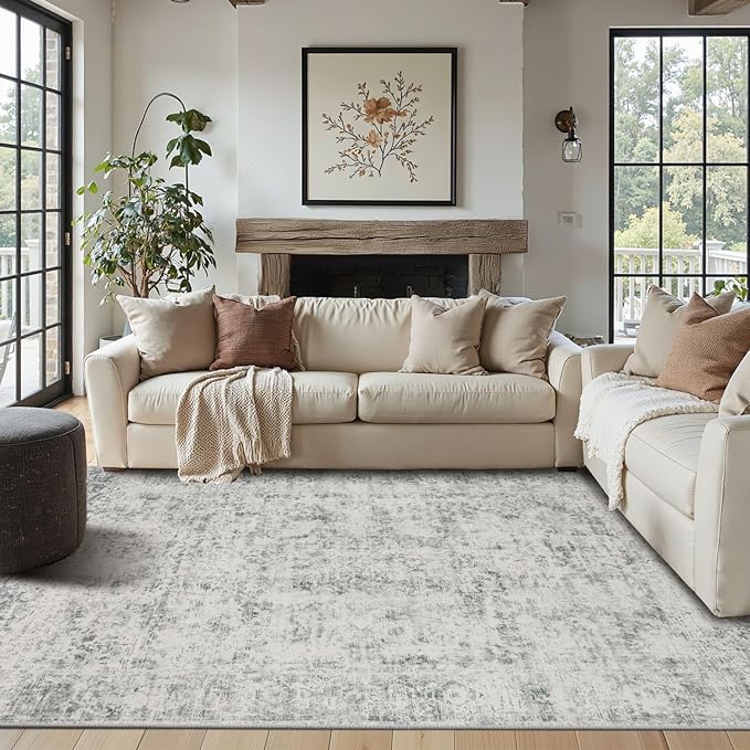 Rugxara Area Rugs for Living Room Bedroom, Washable Rug, Grey Vintage Abstract Boho Rug, Non Slip & Low Pile Wool Carpet for Indoor Dining Room, Farmhouse, Kids Room and Office(Grey 4x6ft)