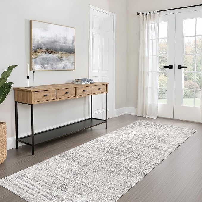 Runner Rug Non-Slip Kitchen Rug: 3x10 Washable Abstract Modern Soft Stain Resistant Indoor Floor Neutral Accent Throw Carpet for Hallway Bathroom Laundry Room Bedroom Entryway- Brown Gray