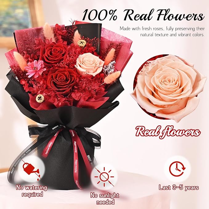 Mothers Day Flowers for Mom, Mothers Day Gifts, Flowers for Delivery Prime, Preserved Eternal Forever Red Roses Bouquet Birthday Gifts for Women Gf Gifts Wedding Anniversary