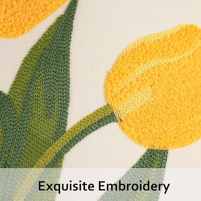 Yellow Tulip Pillow Covers 18x18 Pack of 2 Embroidery Throw Pillow Covers Spring Summer Decor Pillow Cases for Couch Cotton Canvas Cushion Cover Square Farmhouse Floral Pillow Case