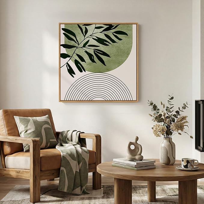 Framed Green Boho Botanical Wall Art, Sage Green Abstract Paintings Artwork for Walls, Modern Minimalist Geometric Line Square Pictures Wall Decor for Living Room Bedroom Bathroom Office, 24x24 In