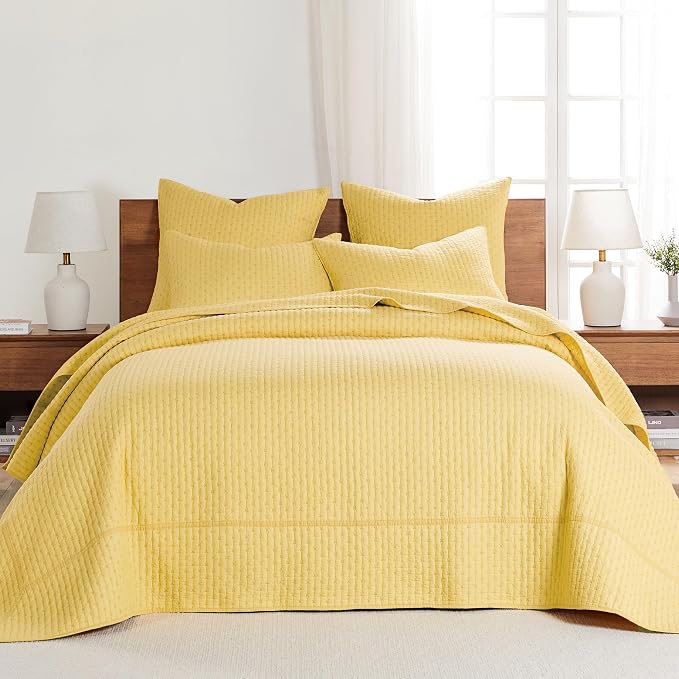 Levtex Home Cross Stitch Reversible Twin Bedspread Set (84x104in) with 1 Pillow Sham (26x20in) - Stitch Texture - Yellow - Cotton Twin Size Bedspread Set - Lightweight, Soft, Pre-Washed