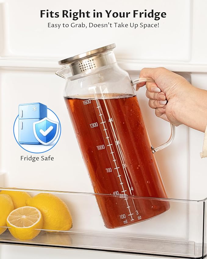 68oz Borosilicate Glass Pitcher with Lid and Handle – Dual Filter Spout, 300°F High-Temperature Resistant Carafe for Hot & Cold Drinks, Perfect for Iced Sun Tea, Coffee, BreastMilk, and Fridge Storage