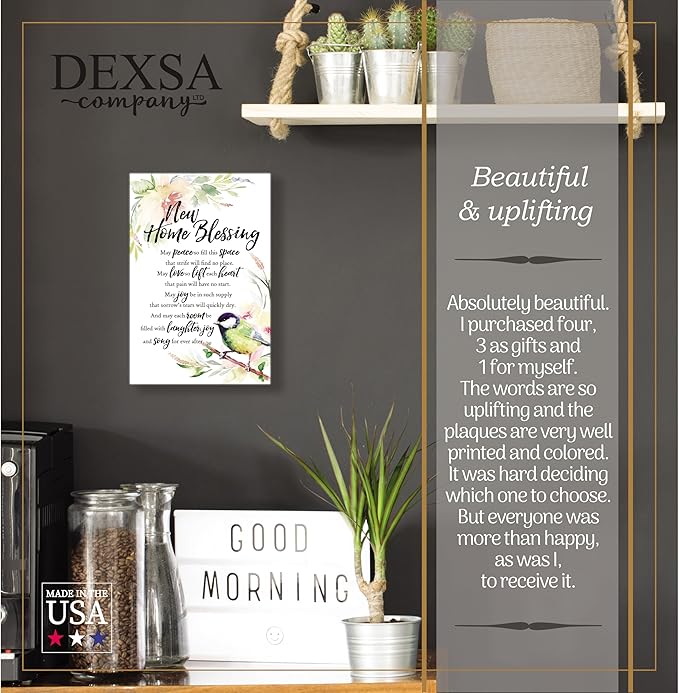 DEXSA New Home Blessing Wood Plaque with Inspiring Quotes 6"x9" - Elegant Frame Wall & Tabletop Decoration | Easel & Hanging Hook | Christian Family Religious Home Decor Saying | Made in the USA