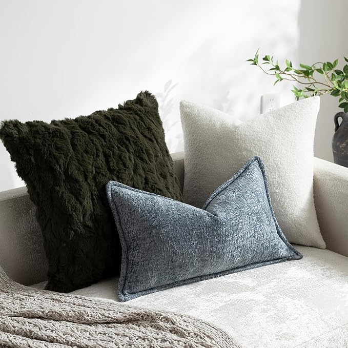 DEZENE Pack of 2 Dusty Blue Decorative Throw Pillow Covers 12x20 Cozy Soft Chenille Boho Accent Vintage Farmhouse Rectangular Lumbar Couch Pillow Covers for Home Decor Bed Sofa Living Room