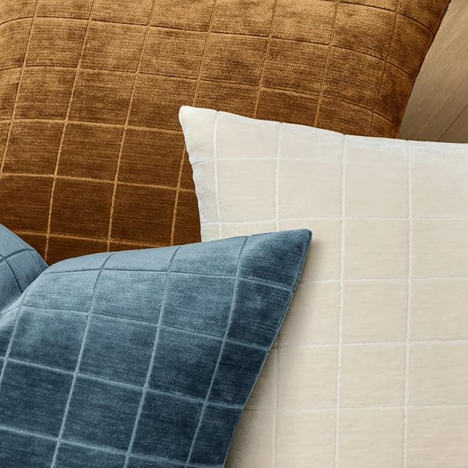 MIULEE Decorative Chenille Check Throw Pillow Covers Vintage Plaid Couch Pillows 20x20 Inch Set of 2 Neutral Boho Farmhouse Cushion Covers Modern Spring Coastal Decor for Sofa Bed Living Room Blue