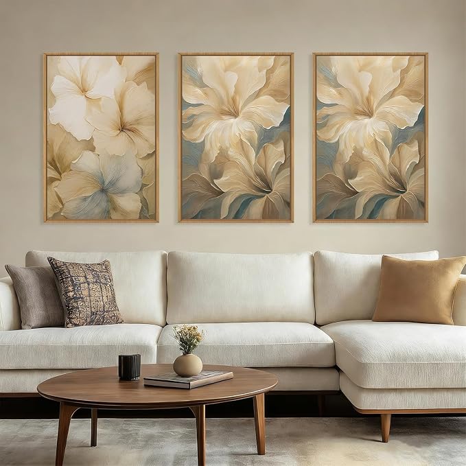 KAIRNE Neutral Beige Flower Framed Canvas Wall Art Set, Modern Magnolia Floral Wall Decor,Aesthetic Warm Wildflower Art Prints,Boho Botanical Artwork for Living Room,Bedroom,Farmhouse,Office-24"x36"x3