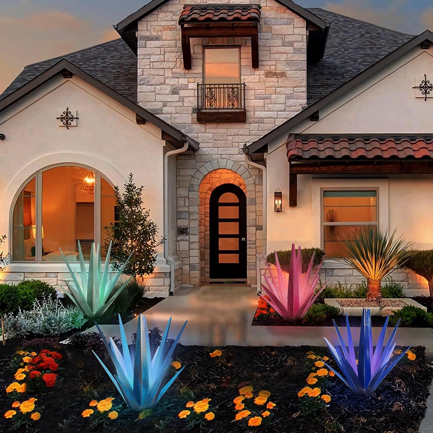 Large Tequila Rustic Sculpture, Rustic Metal Agave Plants for Outdoor Patio Yard, Home Decor Hand Painted Metal Agave Garden Yard Statue, Outdoor Lawn Ornaments (Dark Blue - L (W/Solar Light))