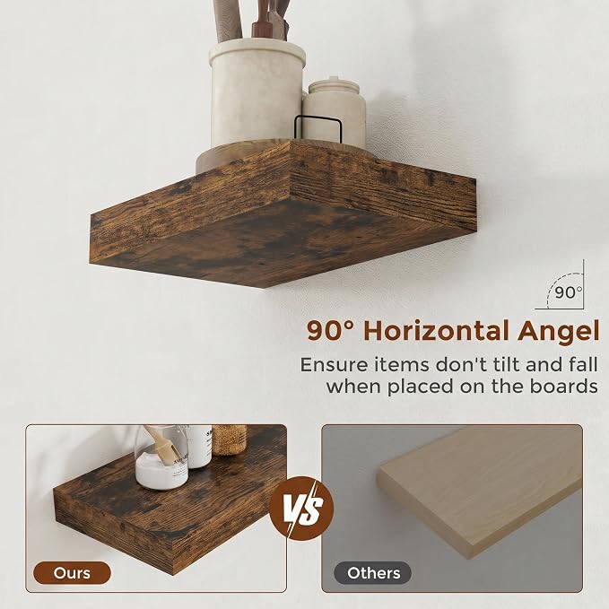 Heimlove 12 Inch Floating Shelves for Wall Rustic Brown Shelves Set of 2,Wall Mounted Rustic Wood 8 Inch Deep Floating Shelf with Invisible Brackets for Bedroom Kitchen Living Room