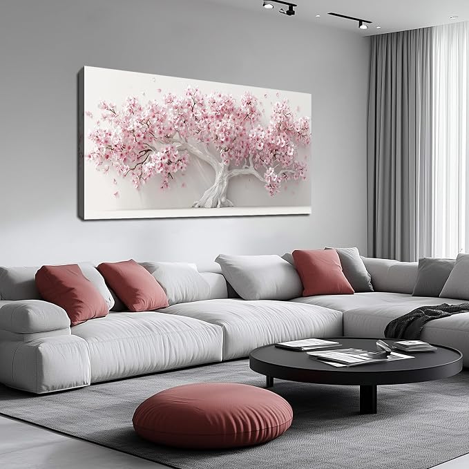 AOZEMI Pink Wall Art for Living Room Bedroom Home Office Large Tree Wall Decor Flower Pictures Art White Artwork Modern Floral Canvas 24"x 48"
