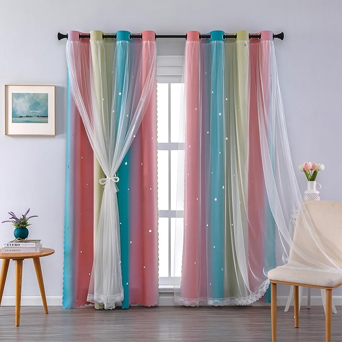 XiDi Blackout Curtains for Girls Bedroom Decor 2 Panels Set, Rainbow Star Design Ideal Drapes for Kids Room with Unicorn Theme Princess Room Decor 45 Inches Length Pink Blue Yellow 34x45
