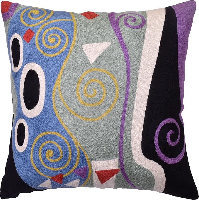Klimt Blue Marine Modern Pillow Cover | Contemporary Chair Cushion | Blue Sofa Pillowcase | Modern Outdoor Pillows | Mid Century Chair Cushions | Hand Embroidered | Wool Size 18x18