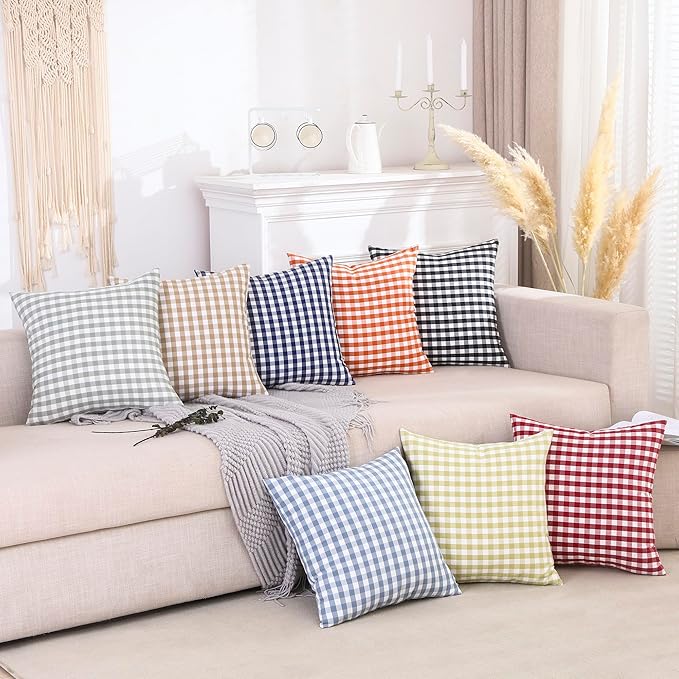 CARRIE HOME Brown Gingham Checkered Throw Pillow Covers 18x18 Set of 2, Neutral Modern Farmhouse Dark Brown Khaki Outdoor Pillows 18 x 18 for Porch Patio Furniture (No Pillow Inserts)