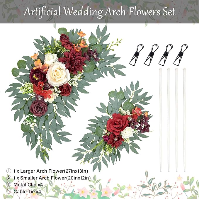 Wedding Arch Flowers, Burgundy Artificial Arch Flowers Floral Swag for Wedding Backdrop Welcome Sign, Ceremony Retirement, Birthday, Party Decorations (Burgundy)