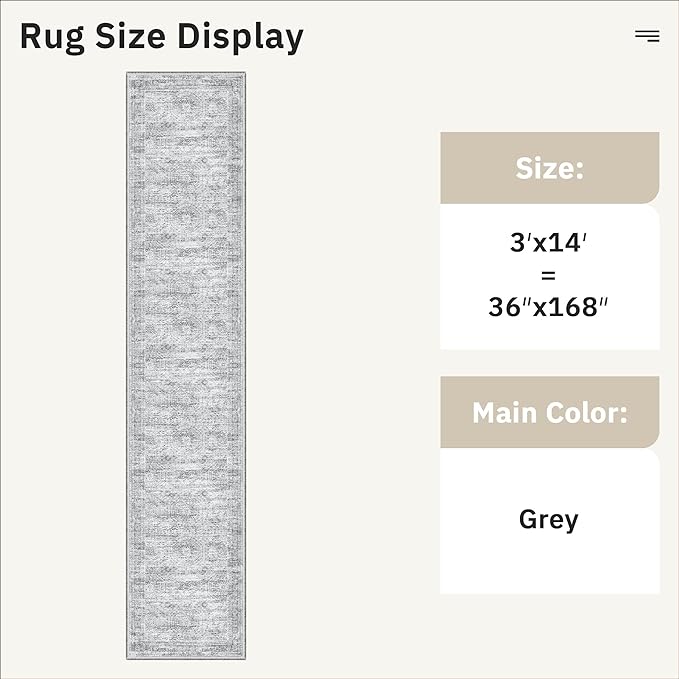 Soalmost Hallway Runner 3x14 - Runner Rugs 14ft Washable Entryway Rug Vintage Kitchen Runners Non Slip Indoor Rug Farmhouse Carpet Runner for Bathroom Living Room Bedroom, Grey