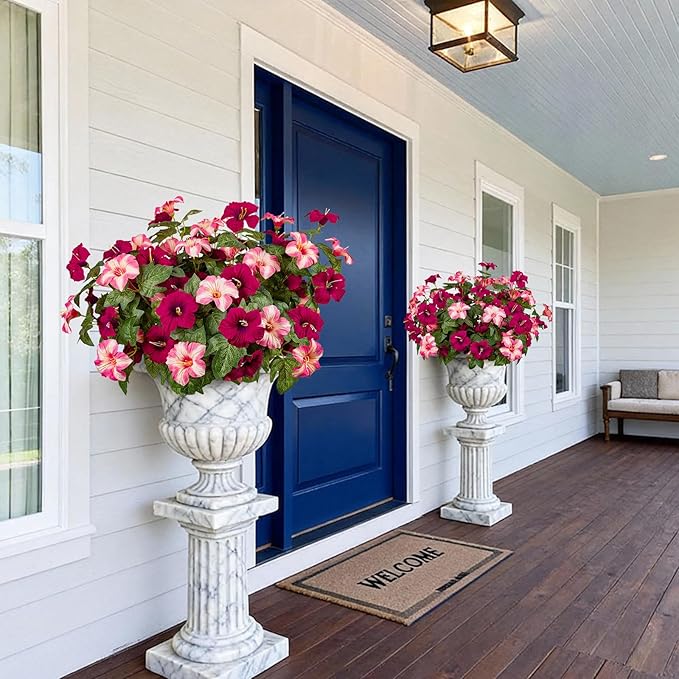 19 Inch Artificial Fake Flowers for Outdoor,4 Pcs Rose red Pink Faux Silk Petunias Spring Flowers for Outside for Indoor Porch Planter Front Door Garden Patio Window Box Home Decor