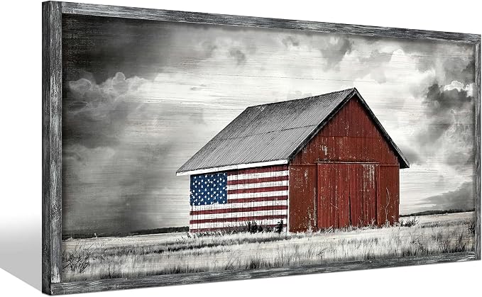 Barn Wall Art Wood Picture: Large Farmhouse Country American Flag Framed Painting Decor Black White Rustic Farm Countryside Landscape Artwork Panoramic Horizontal Rural Nature Scene Print for Living Room Bedroom