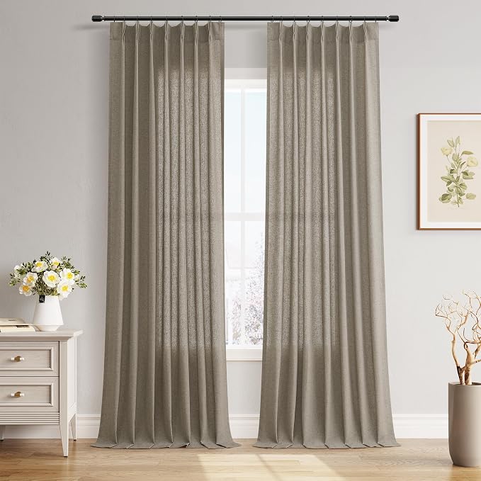 Dark Taupe Pinch Pleated Linen Curtains 90 Inches Long Vintage Neutral Country Semi Sheer Textured Linen Blended Light Filtering Curtain for Living Room Bedroom Pleated Drapes with Hooks Rings 40x90