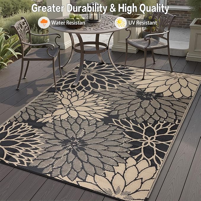 HUGEAR 6'x9' Outdoor Rug Waterproof Plastic Straw Rugs Brown Reversible Floral Mat Floor Carpet for Camping RV Deck Entryance Porch Picnic Balcony Beach Backyard
