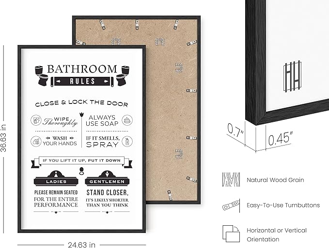 HAUS AND HUES Funny Bathroom Rules Wall Art – Toilet Rules Poster, Humorous Bathroom Sign, Funny Wall Decor for Guest Bath or Restroom (24x36, Black Frame)