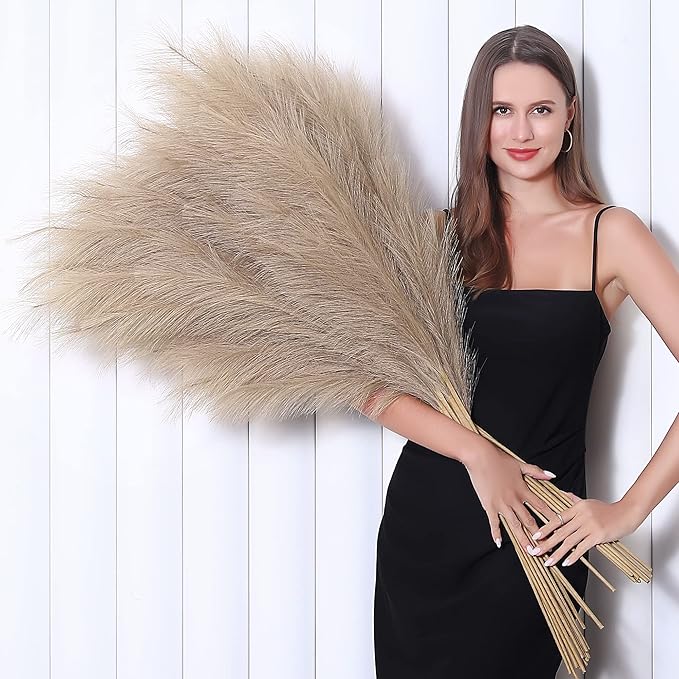 Wertuirk 8 Pcs 45 inch Tall Faux Pampas Grass Decor, Large Artificial Brown Pompous Grass Bulk, Long Fake Pompas for Floor Vase Filler, Wedding, Baby Shower, Home and Boho Decor (Brown)