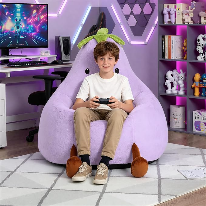 2.5FT Memory Foam Bean Bag Chair - Ultra Soft Faux Rabbit Fur Round Sofa with Handle & Machine Washable Cover, Comfy Lazy Chair for Kids Teens, Perfect for Reading Gaming in Living Room Bedroom，Purple