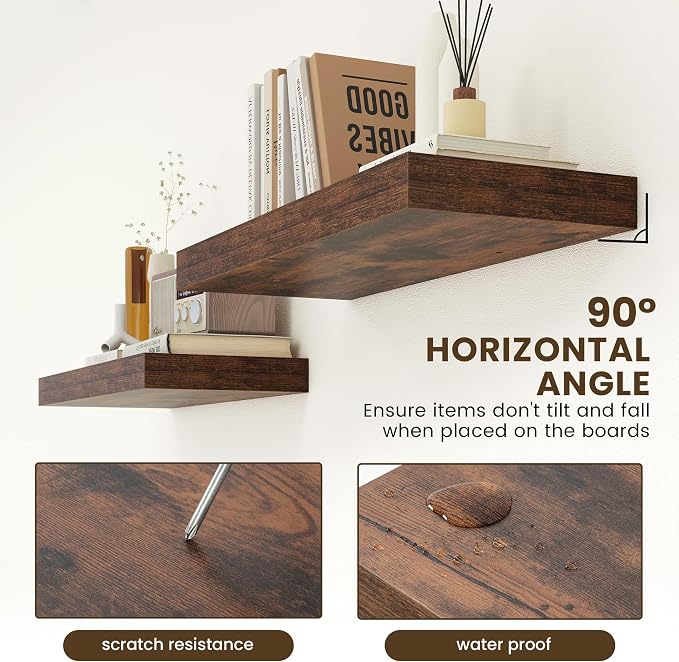 FLYJOE 30'' Brown Floating Shelves, 12 Inch Deep Shelves for Wall Set of 2 | 30'' x 12'' Rustic Brown Wood Shelves for Framhouse Living Room Bathroom Kitchen Laundry Room