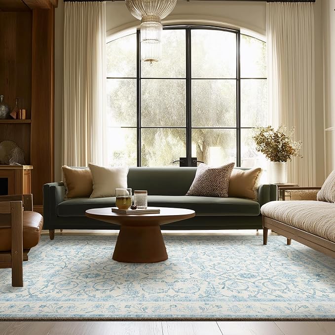 Washable Rugs for Living Room: 6x9 Area Rugs for Bedroom Ultra Soft Non-Slip Low Pile Vintage Boho Large Carpet for High-Traffic Dining Room - Farmhouse Decor