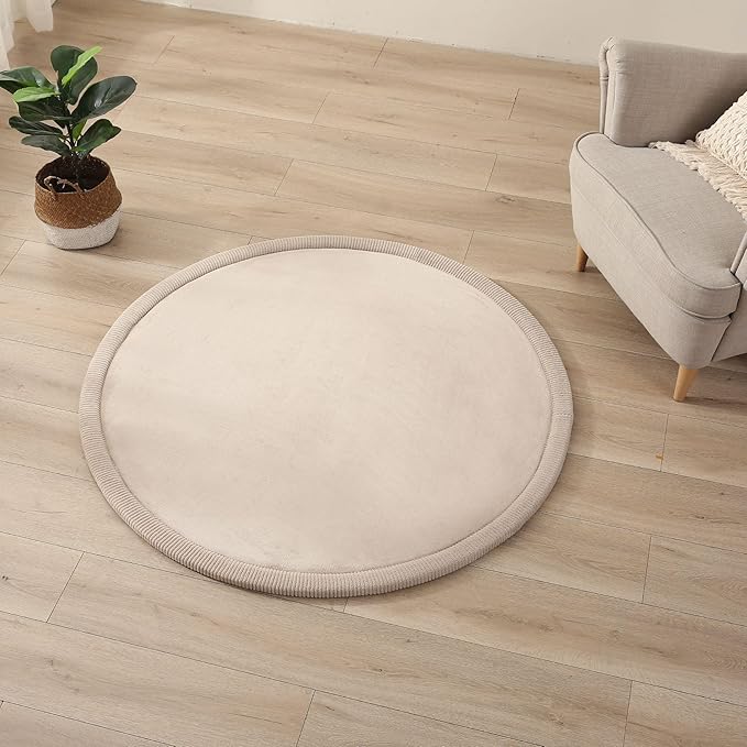 Hakuna Matte CloudSoft Baby Play Mat for Floor Ø 47" Beige – Coral Velvet Memory Foam Rug for Crawling & Cozy Play – Non-Slip, Water-Resistant, Easy-CareTummy Time Mat, Playmat for Playpen