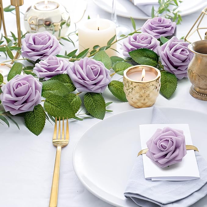 Mocoosy 50Pcs Rose Artificial Flowers, Lavender Fake Roses for Decorations, Purple Foam Fake Flowers with Stem for DIY Wedding Bouquet Bridal Shower Mother's Day Floral Arrangement Party Home Decor