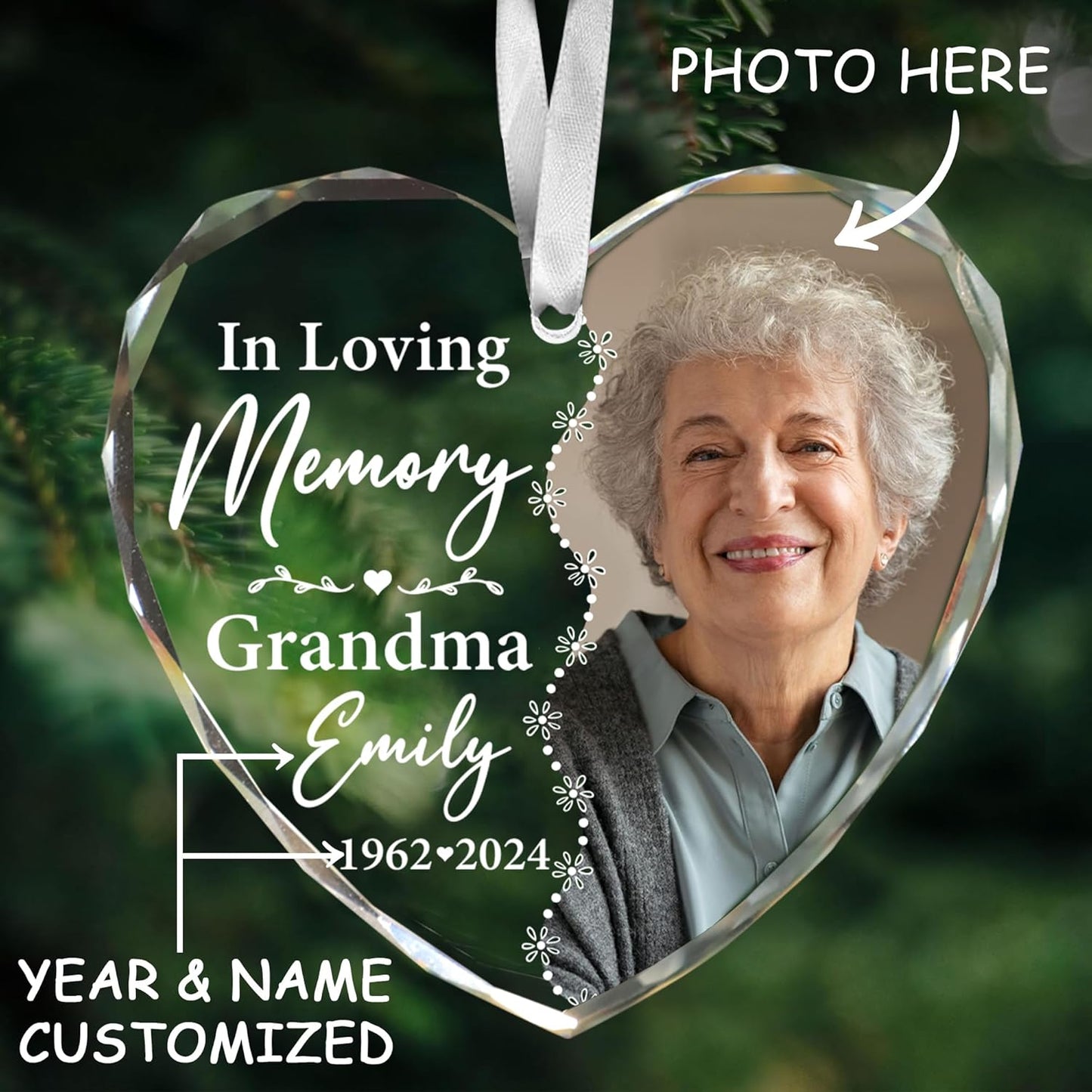 2025 Personalized Memorial Glass Ornament – Christmas-Birthday-Anniversary Keepsake for Loss of Loved One – Custom Photo Name Year – in Loving Memory Heart Clear Decoration