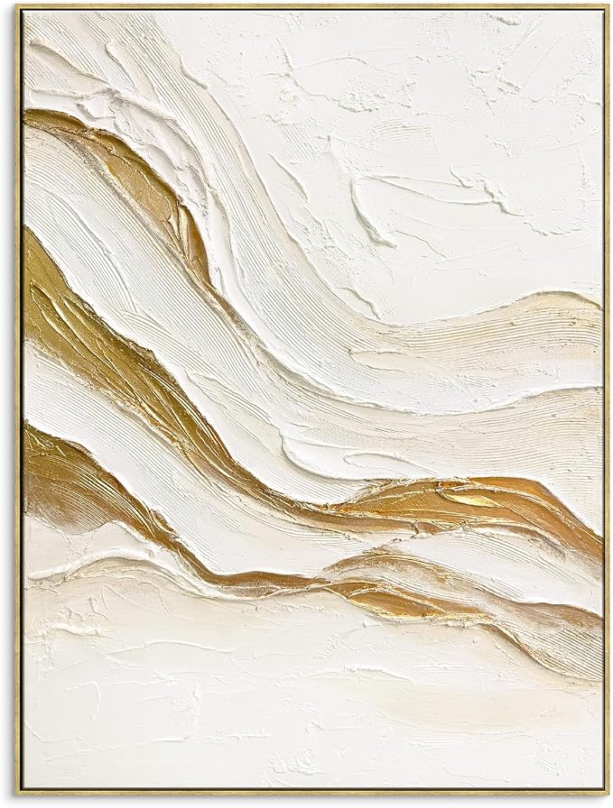 SAFERRYHOME Abstract Texture Hand Painted Wall Art, White Gold, 30"x40" | Large 3D Textured Framed Canvas Wall Decor, Modern Neutral Painting Minimalist Wave Artwork for Home Office Living Room