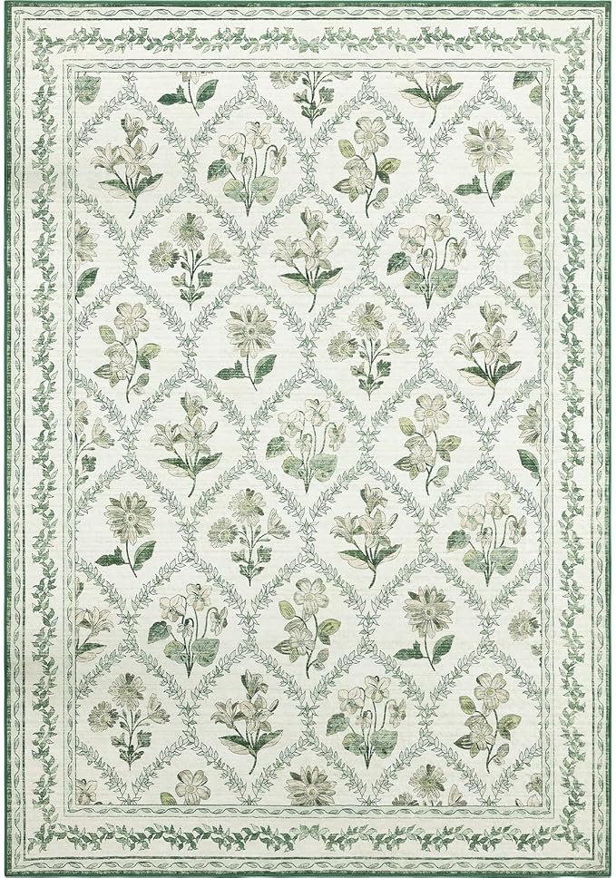 LIANLAM Checkered Rug 9x12 Area Rugs for Living Room - Stain Resistant & Non-Slip Backing Vintage Boho Floral Design Rug for Bedroom,Durable & Ultra-Thin Large Washable Area Rug(9x12,Green)