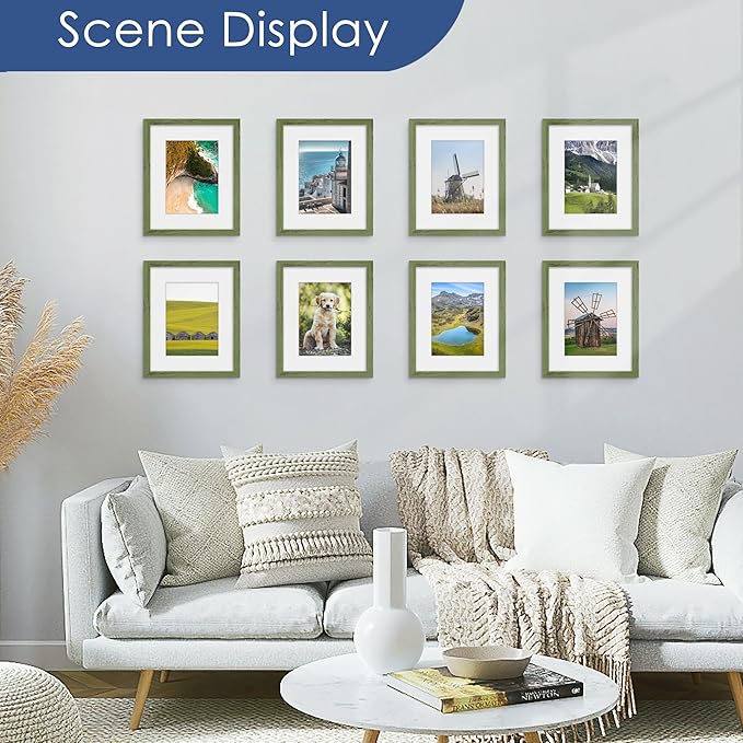 PEALSN 8x10 Picture Frame Set of 6, Display Pictures 5x7 with Mat or 8x10 without Mat for Wall Mounting or Table Top Display, Photo Frames Collage for Wall Decor, Green Woodgrain