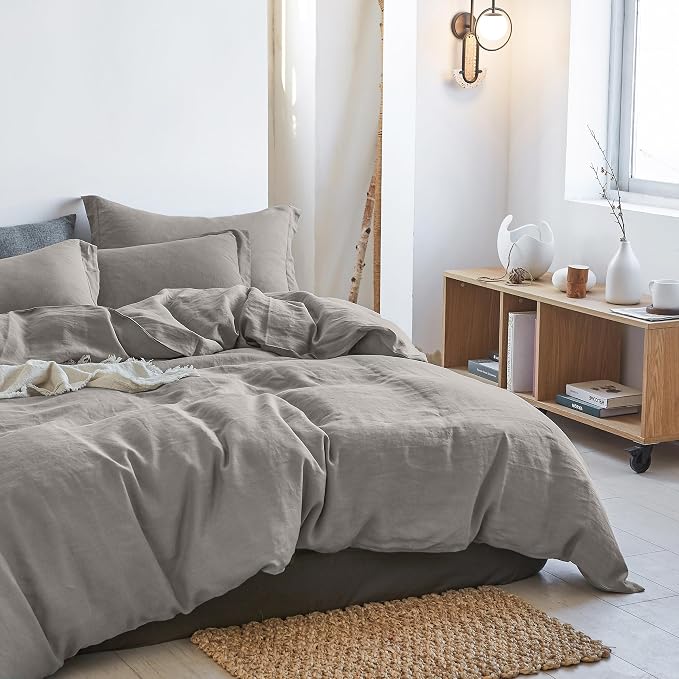 Simple&Opulence 100% Linen Duvet Cover Set 3pcs Basic Style Natural French Washed Flax Solid Color Soft Breathable Farmhouse Bedding with Button Closure - Dove Grey, King