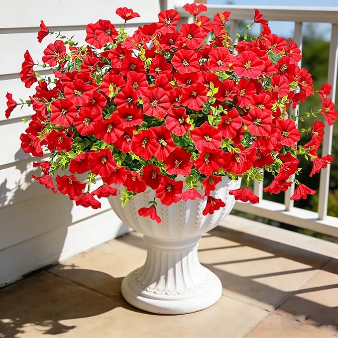 Ouddy Decor 24 Bundles Artificial Flowers for Outdoors, Fake Petunias Flowers Silk Morning Glory with Eucalyptus Faux Plants for Indoor Outside Spring Summer Yard Garden Porch Home Decor, Red