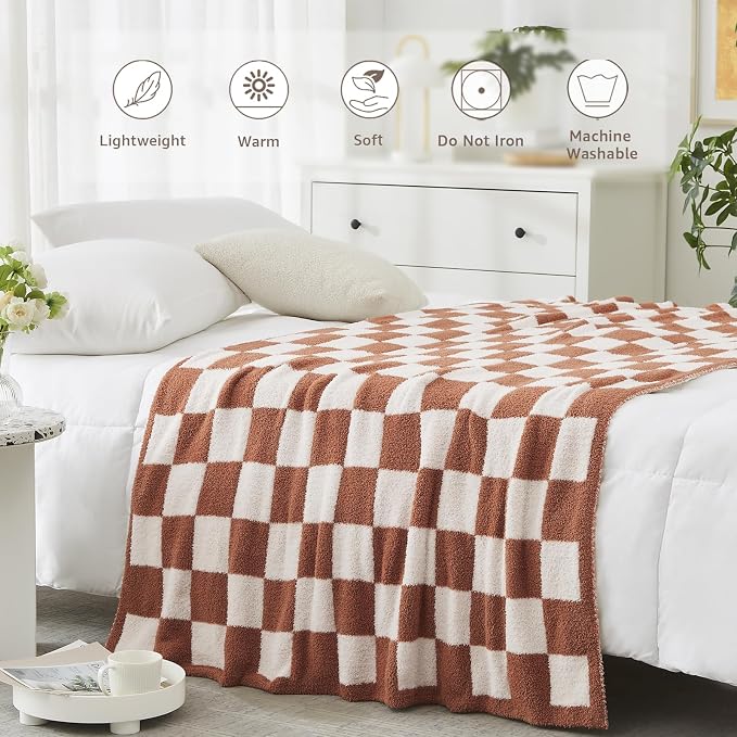WRENSONGE Soft Checkered Throw Blanket for Couch-Cozy Warm Knitted Blankets | Lightweight Warm Fluffy Decor for Women, Mom, Her & Girls, Sofa, Chair, Bed, 50x70in, Autumn Leaf Orange