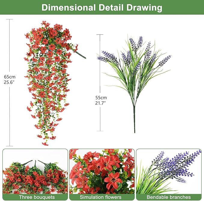 Artificial Fake Flowers Plants for Outdoor Decoration,3 Pcs Faux Hanging Flowers with Lavender Spring Summer Decor,UV Resistant Realistic Fake Silk Flowers for Planter Balcony Yard Porch Garden Decor
