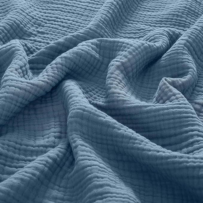 PHF 100% Cotton Muslin Blanket Queen Size 90"x90", 4-Layer Lightweight Gauze Throw, Breathable Cloud-Soft Minimalist Blanket for Bed, Couch, Camping & Baby, Denim Blue, Ideal Gift