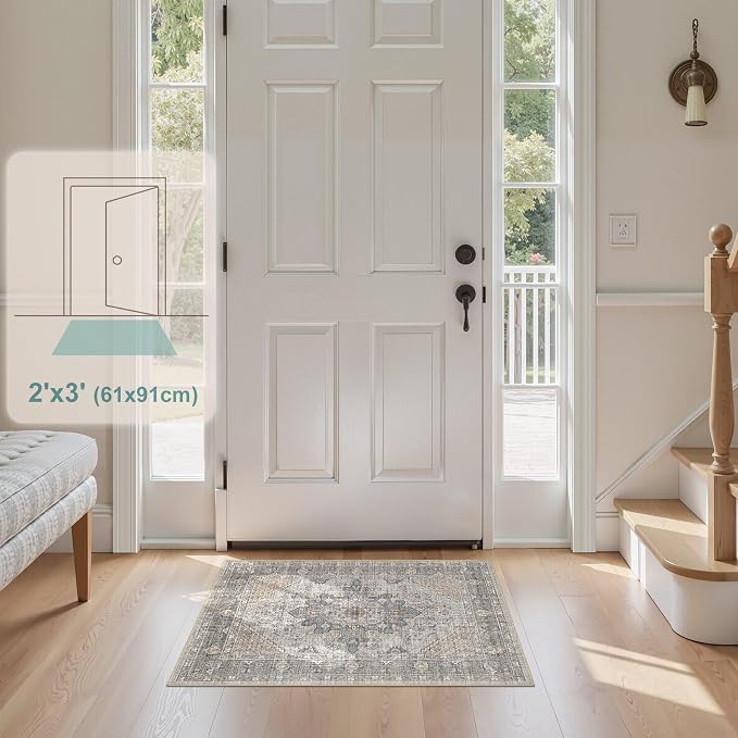 Tortania Area Rug 2x3 Doormat - Washable Vintage Oriental Farmhouse Soft Thin Indoor Carpet for Living Room Bedroom Hallway Entryway Kitchen - Brown Gray