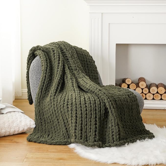 Battilo Olive Green Chunky Knit Throw Blanket, Soft and Thick Green Chenille Throw Blanket, 50"x60" Handmade Cable Knit Crochet Blanket, Rope Knot Knitted Throw Blankets for Couch Sofa Home Decor